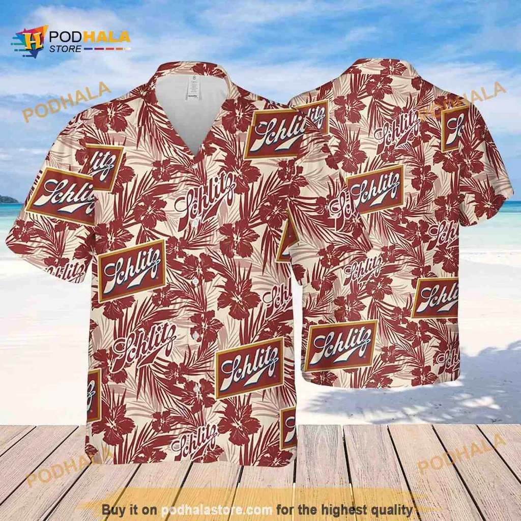 Schlitz Beer Tropical Hawaiian Shirt With Vibrant Palm Leaves And Flowers