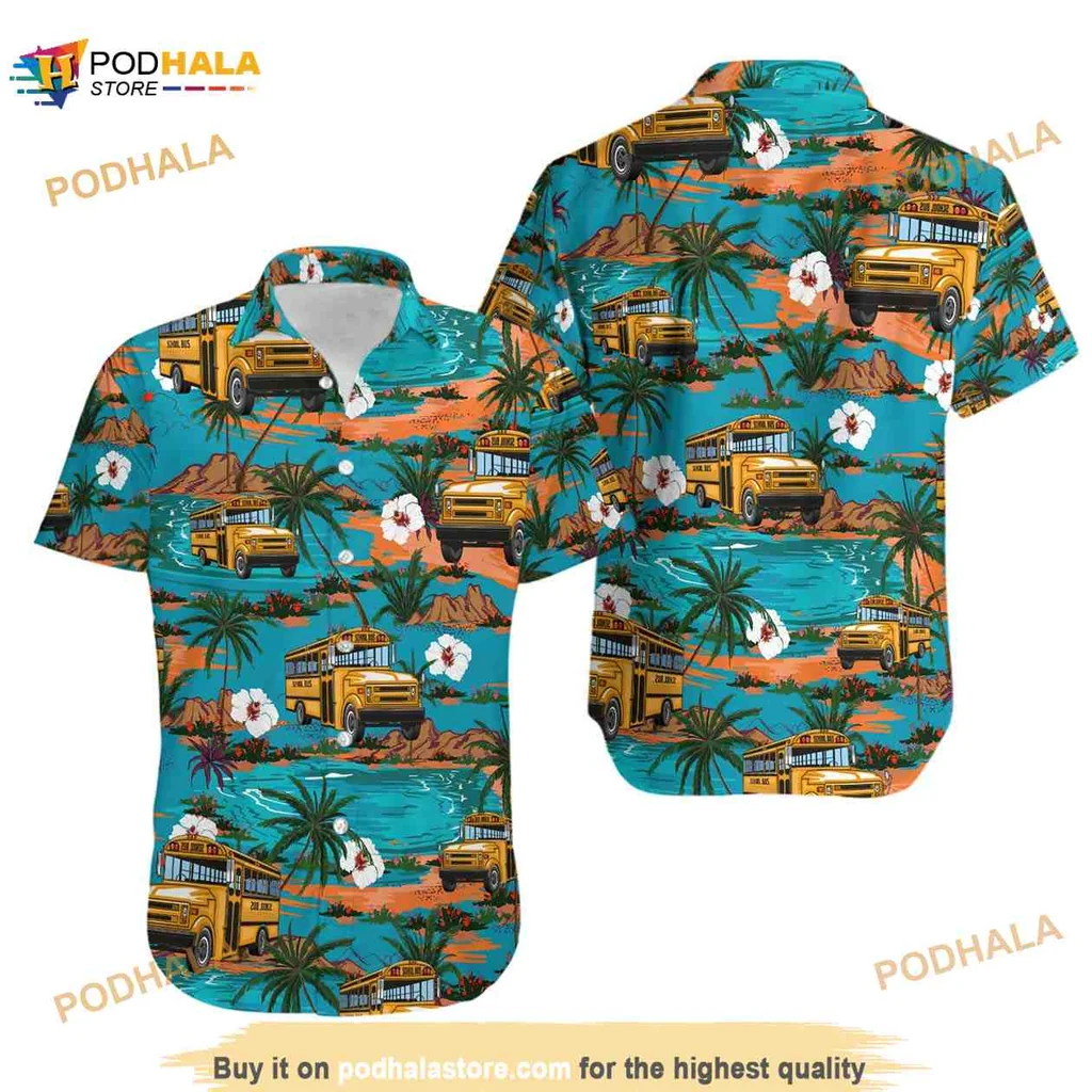 School Bus Tropical Hawaiian Shirt, Vibrant Summer Aloha Design