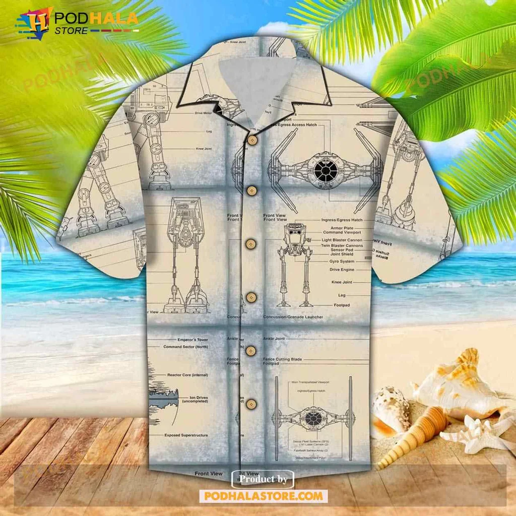 Sci Fi Spacecraft Pattern Hawaiian Shirt Featuring Detailed Sketch Designs