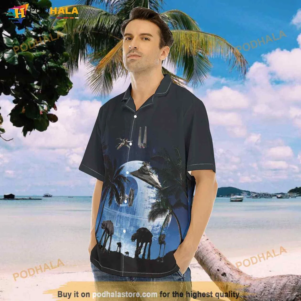 Sci Fi Tropical Hawaiian Shirt With Celestial Graphics And Palm Trees
