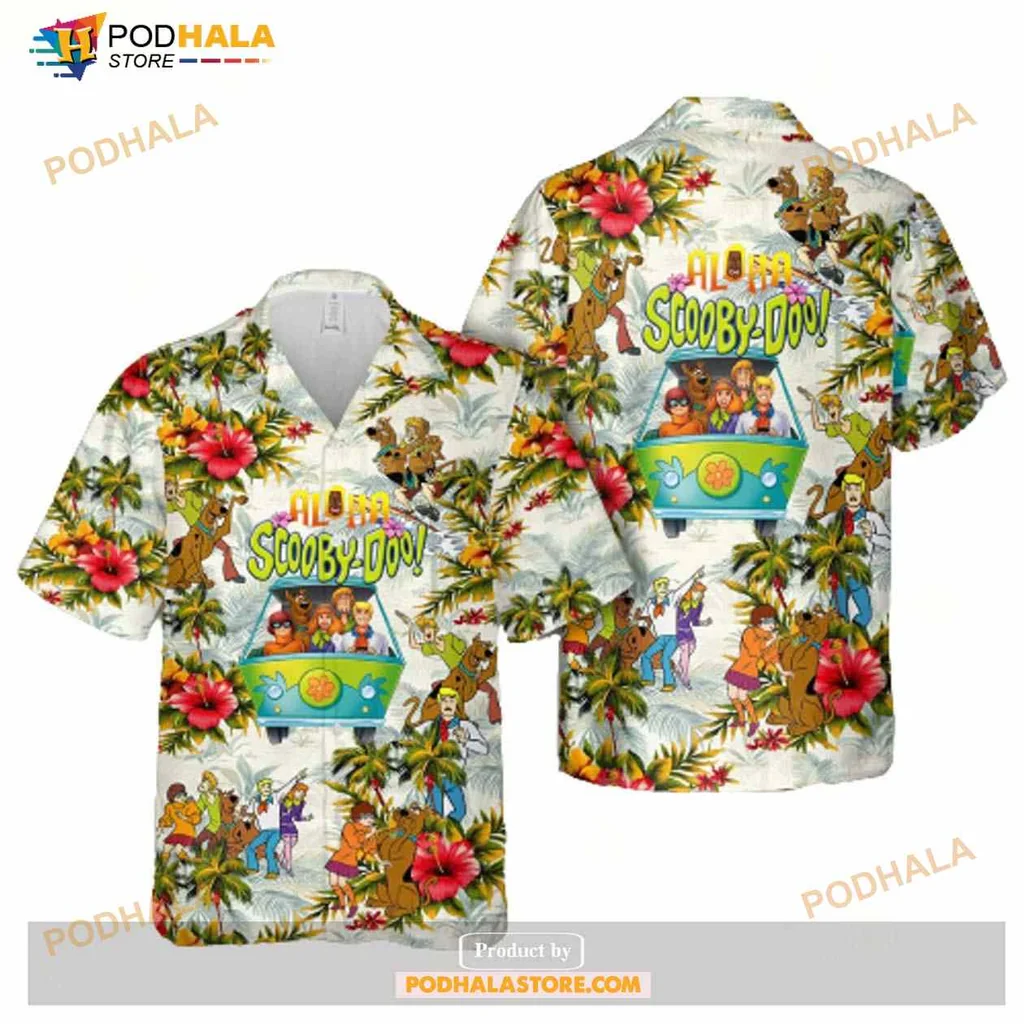 Scooby Doo Aloha Hawaiian Shirt With Tropical Flowers And Cartoon Characters