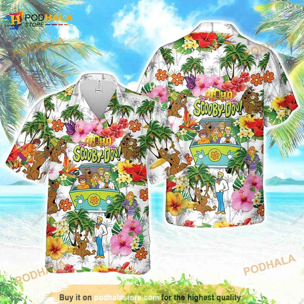Scooby Doo Hawaiian Shirt With Tropical Flowers And Cartoon Characters