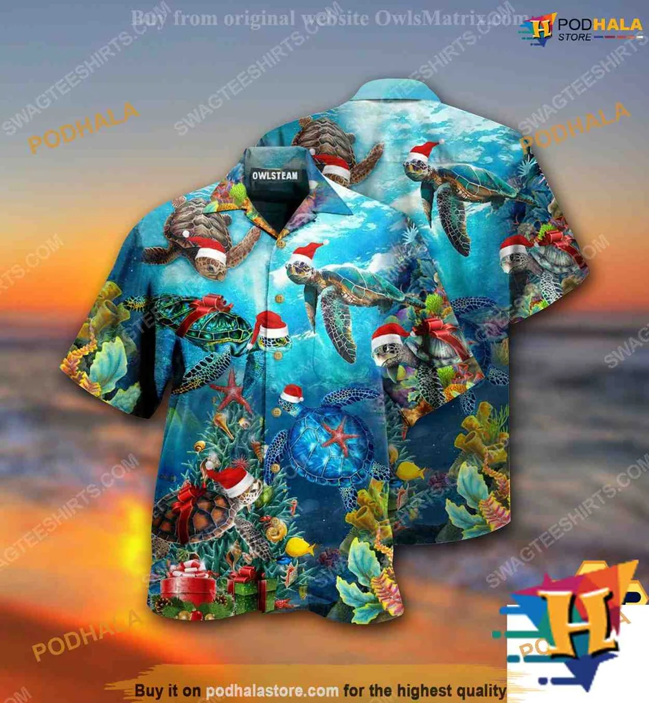 Sea Turtle Christmas Aloha Shirt With Santa Hats And Tropical Scene