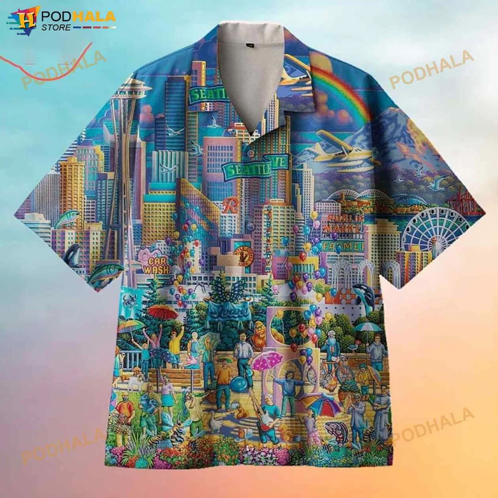 Seattle City Cartoon Hawaiian Shirt With Iconic Landmarks And Rainbow
