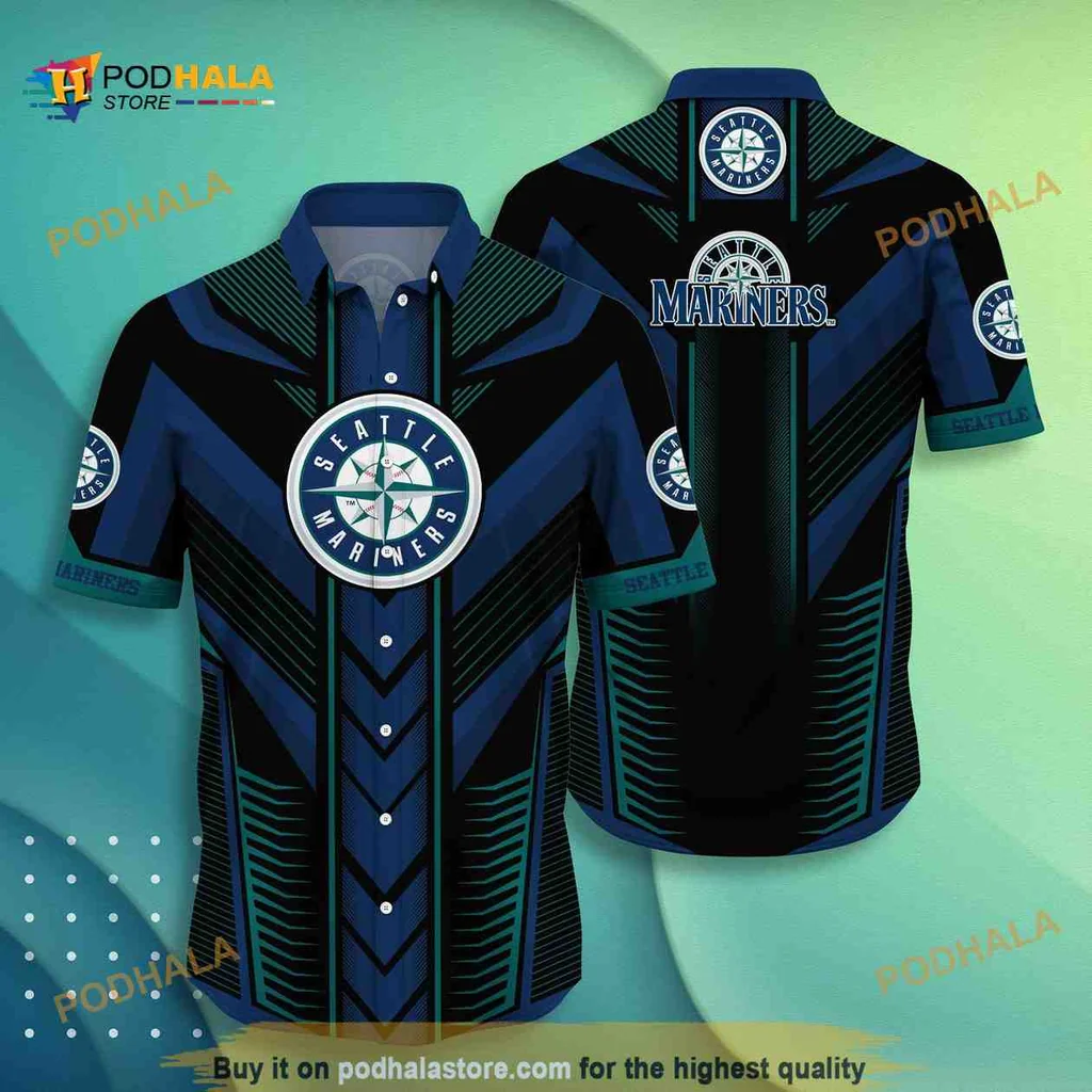 Seattle Mariners Aloha Shirt Featuring Bold Logo And Geometric Patterns