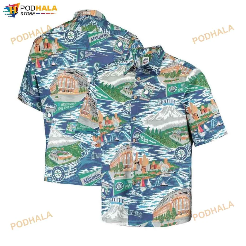Seattle Mariners Hawaiian Shirt Featuring Space Needle And Mount Rainier