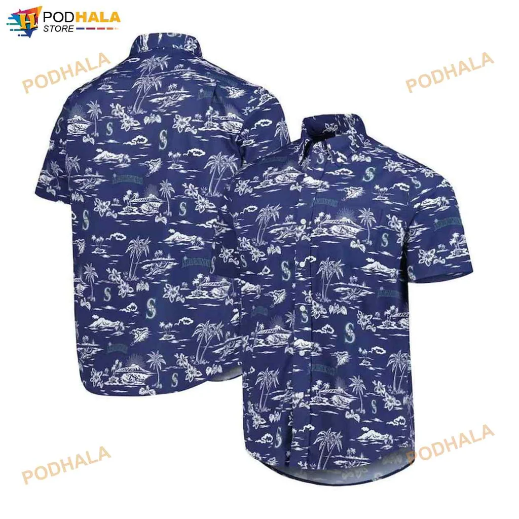 Seattle Mariners Hawaiian Shirt, Navy Tropical Design With Palm Trees