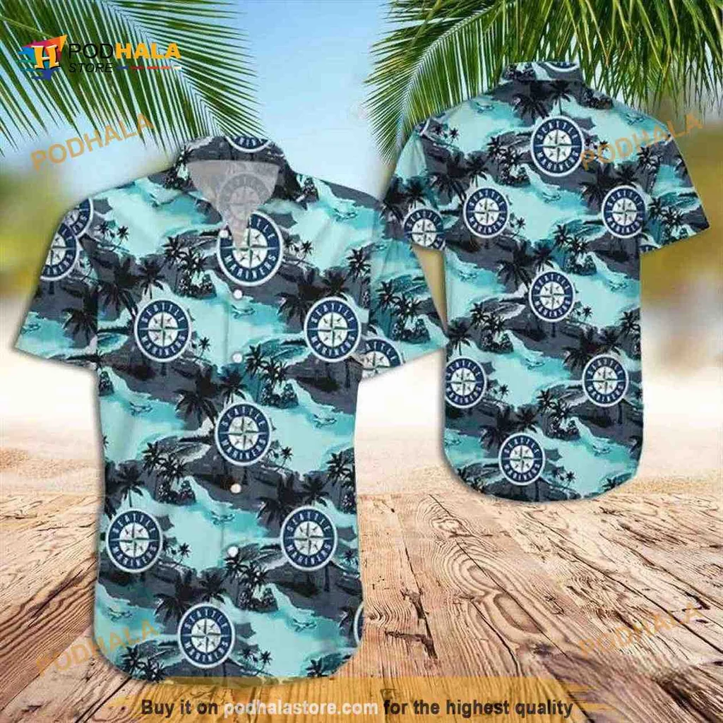 Seattle Mariners Tropical Aloha Shirt With Palm Trees And Ocean Waves