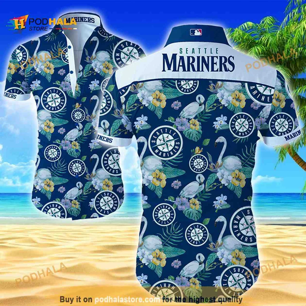 Seattle Mariners Tropical Hawaiian Shirt With Hibiscus And Flamingo Design