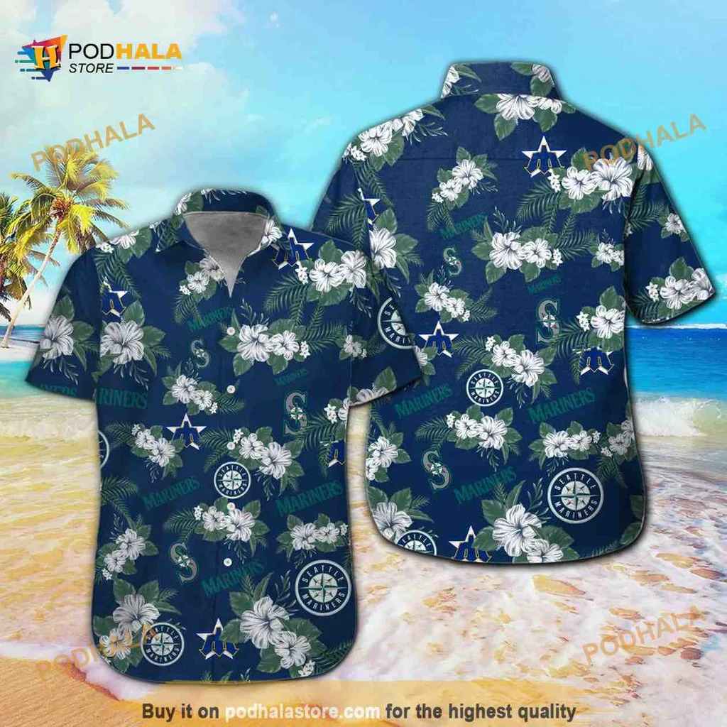 Seattle Mariners Tropical Hawaiian Shirt With Hibiscus Flowers And Palm Leaves