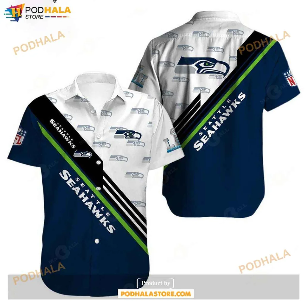 Seattle Seahawks Aloha Shirt, Sporty Navy Blue And White Design With Team Logos