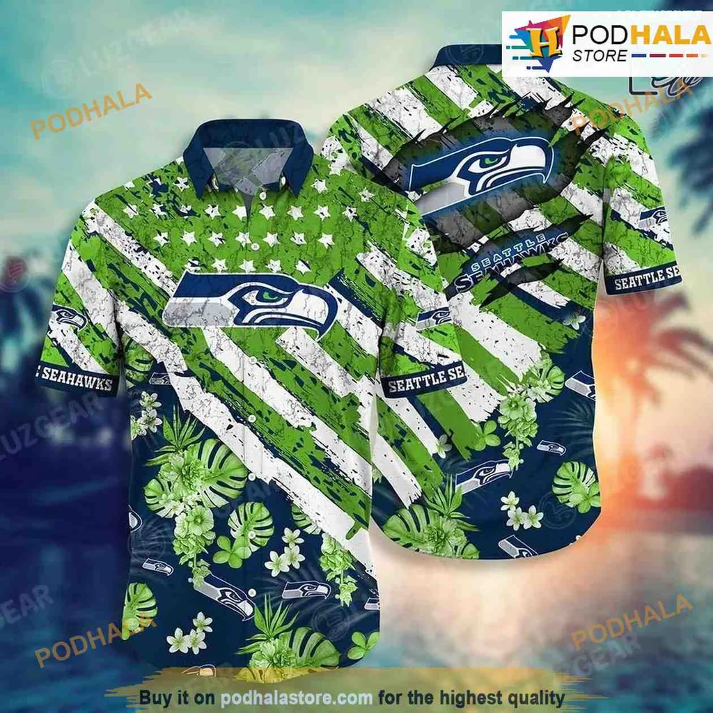Seattle Seahawks Floral Hawaiian Shirt With American Flag Design