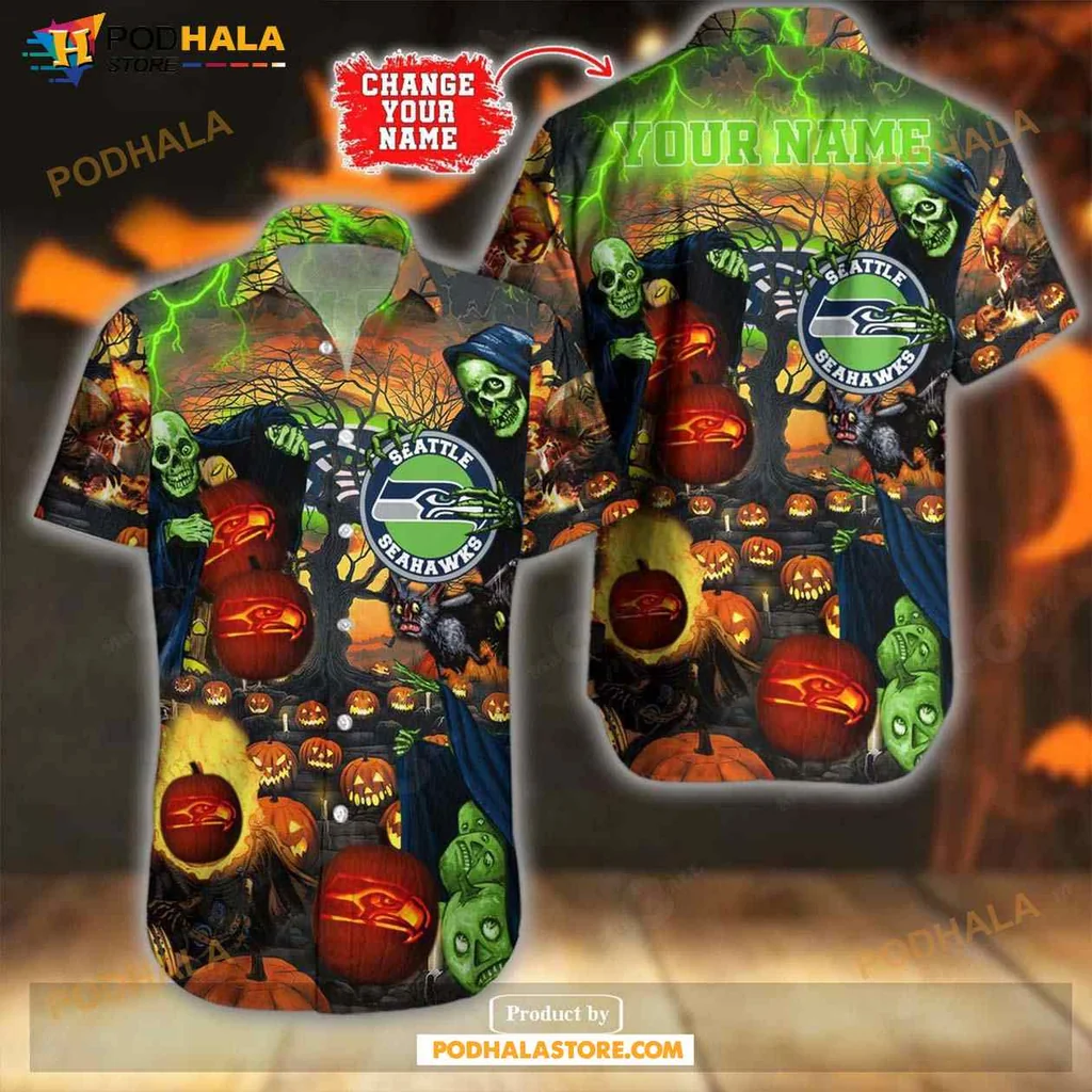 Seattle Seahawks Halloween Aloha Shirt With Spooky Motifs
