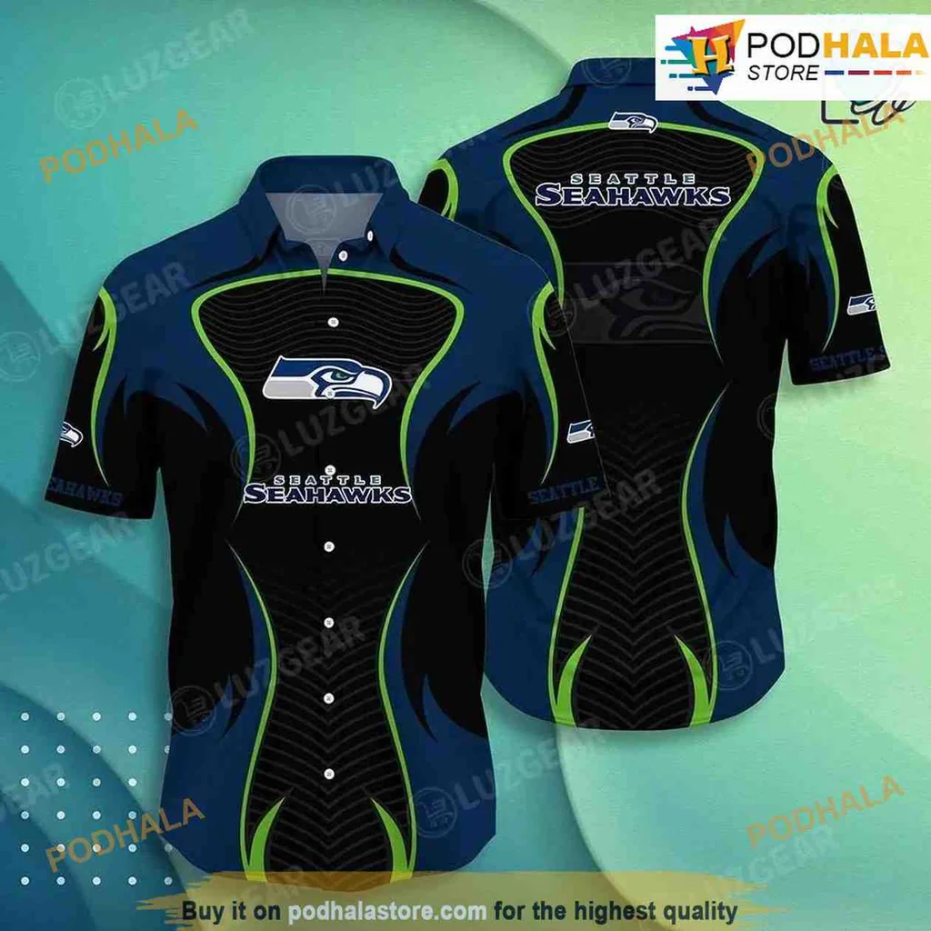 Seattle Seahawks Hawaiian Shirt, Navy Blue With Green Accents