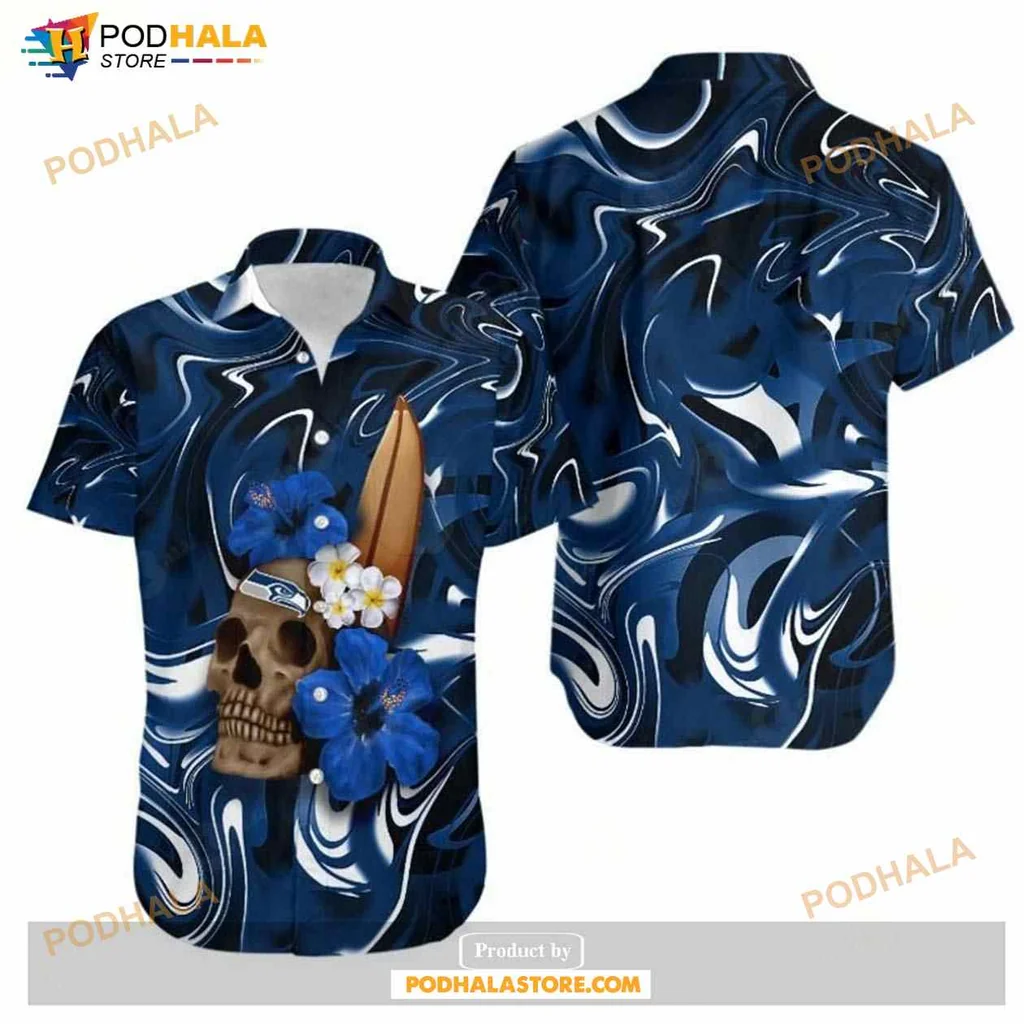 Seattle Seahawks Hibiscus Hawaiian Shirt With Skull And Surfboard Design