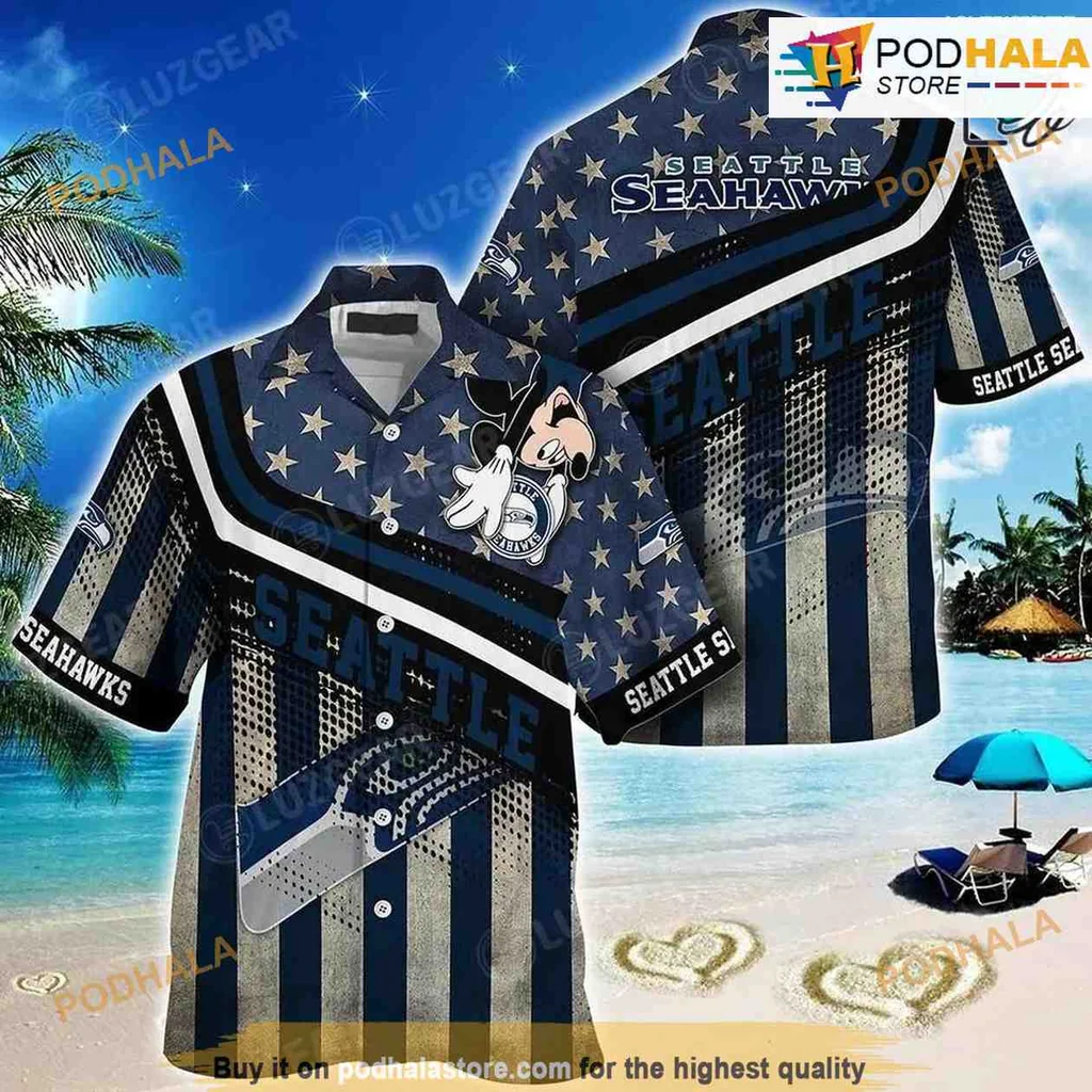 Seattle Seahawks Mickey Mouse Hawaiian Shirt With American Flag Design