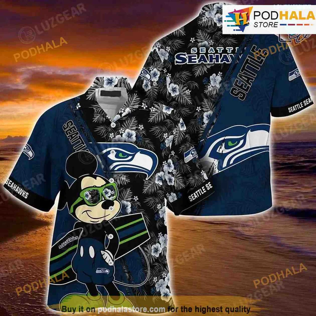 Seattle Seahawks Mickey Mouse Hawaiian Shirt With Tropical Floral Design