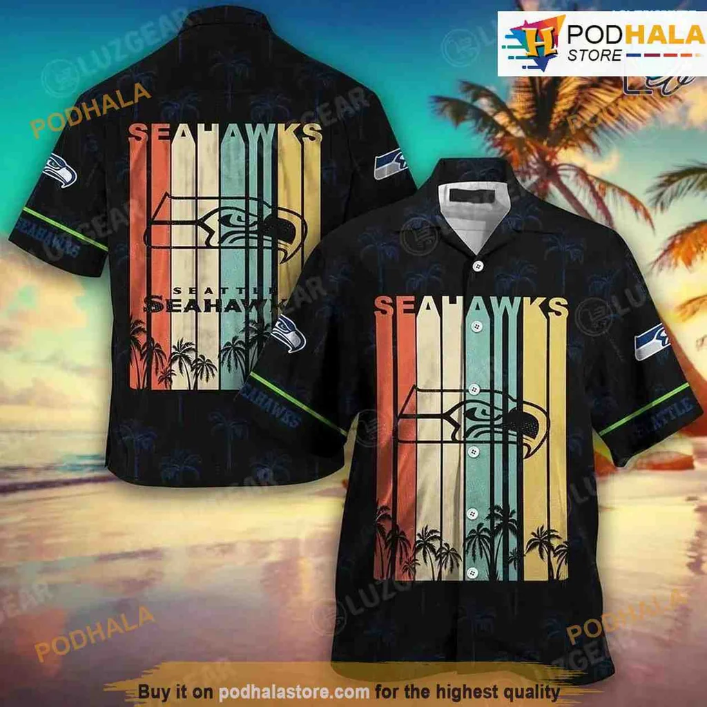 Seattle Seahawks Retro Hawaiian Shirt With Sunset Palm Tree Design