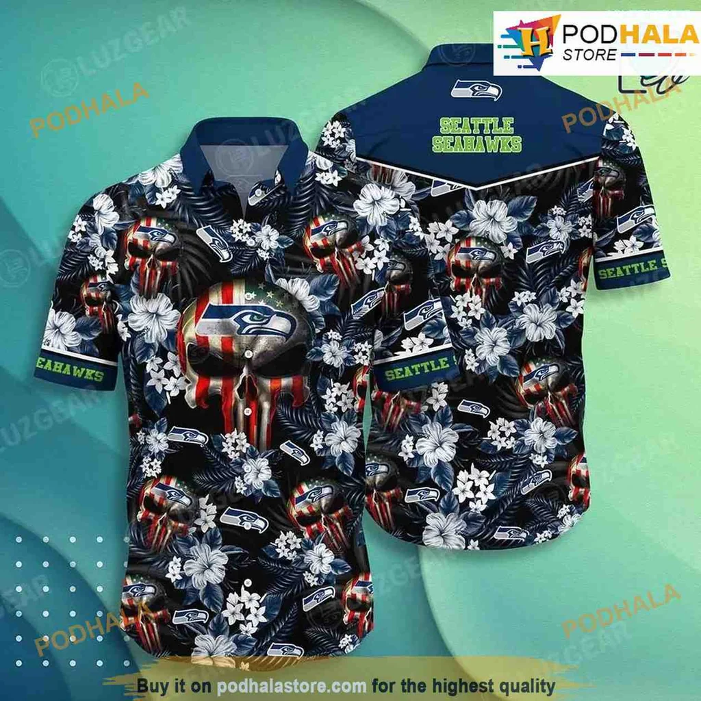 Seattle Seahawks Skull Hawaiian Shirt With Tropical Floral Design