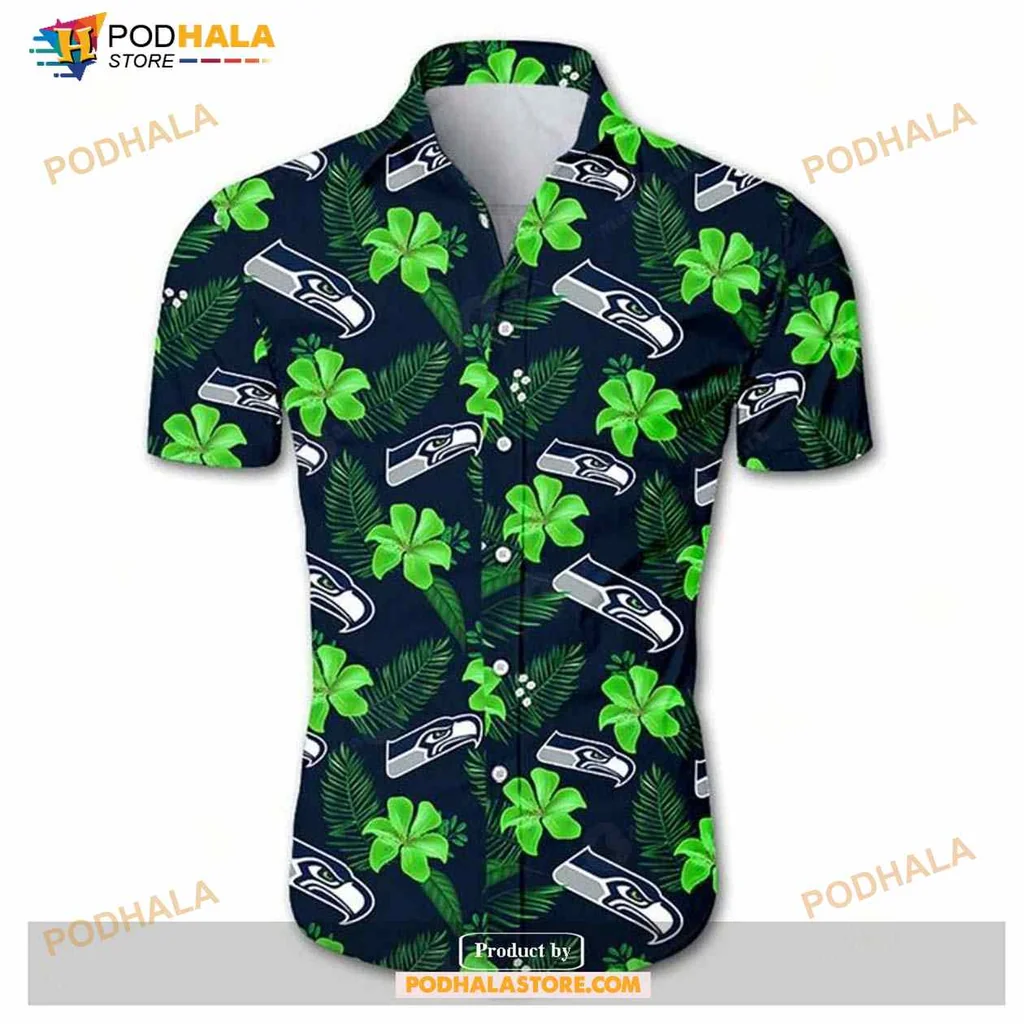 Seattle Seahawks Tropical Aloha Shirt With Palm Leaves And Clovers