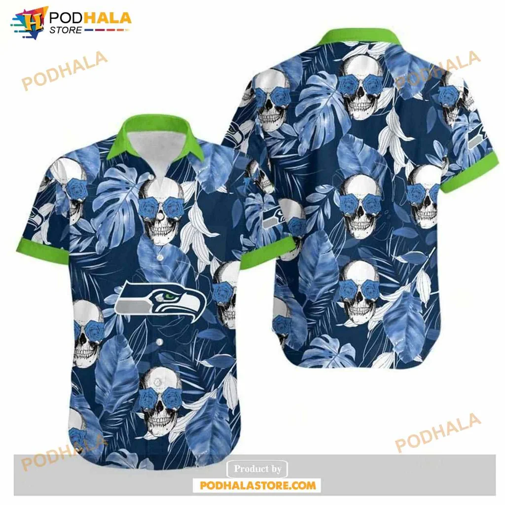 Seattle Seahawks Tropical Hawaiian Shirt With Skulls And Coconut Leaves