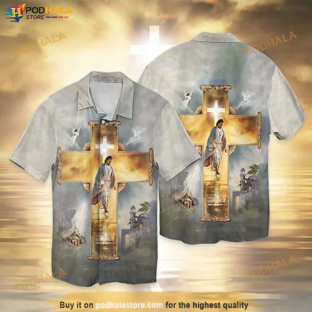 Serene Jesus Cross Hawaiian Shirt, Tropical Design For Faith Inspired Style