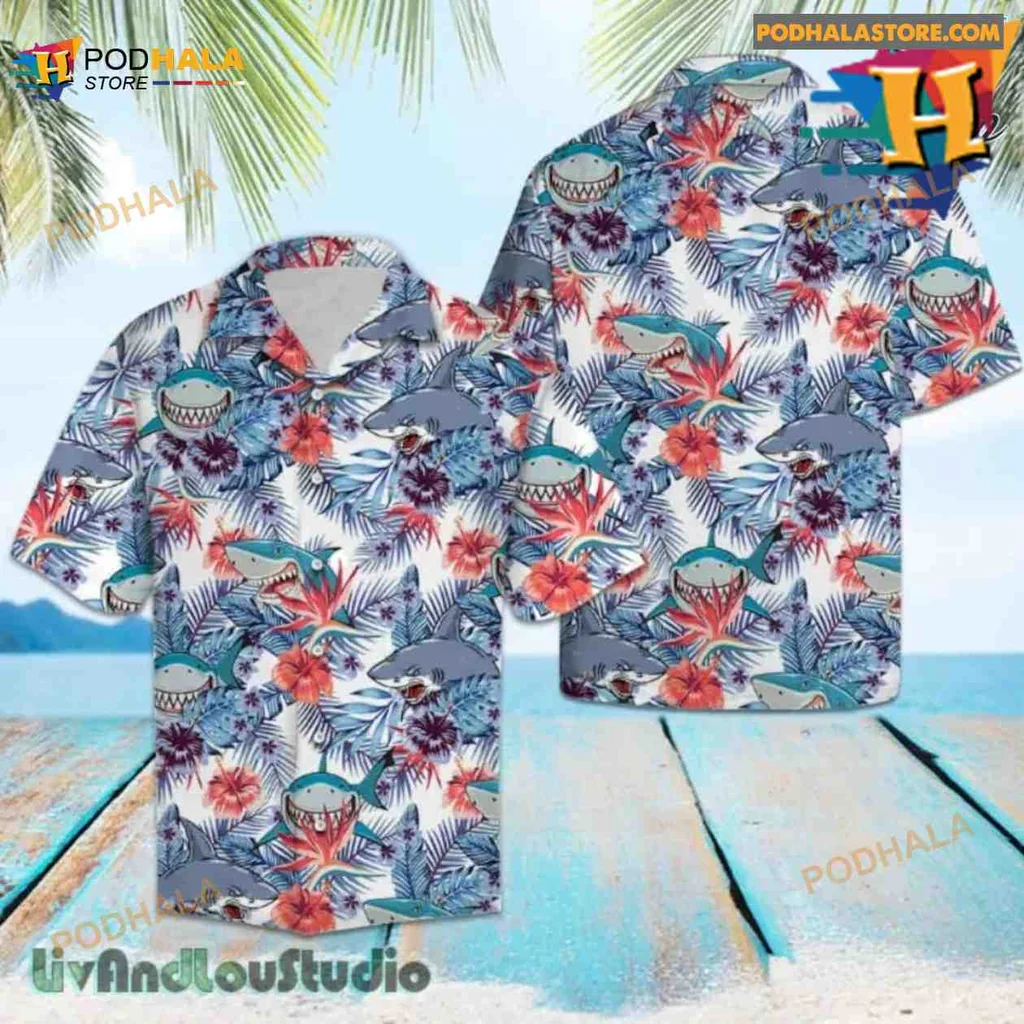 Shark Hibiscus Flower Hawaiian Shirt, Tropical Summer Beachwear