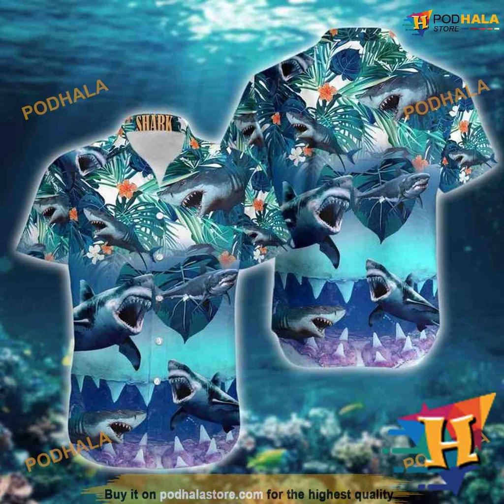 Shark Tropical Hawaiian Shirt With Festive Palm Leaves And Flowers