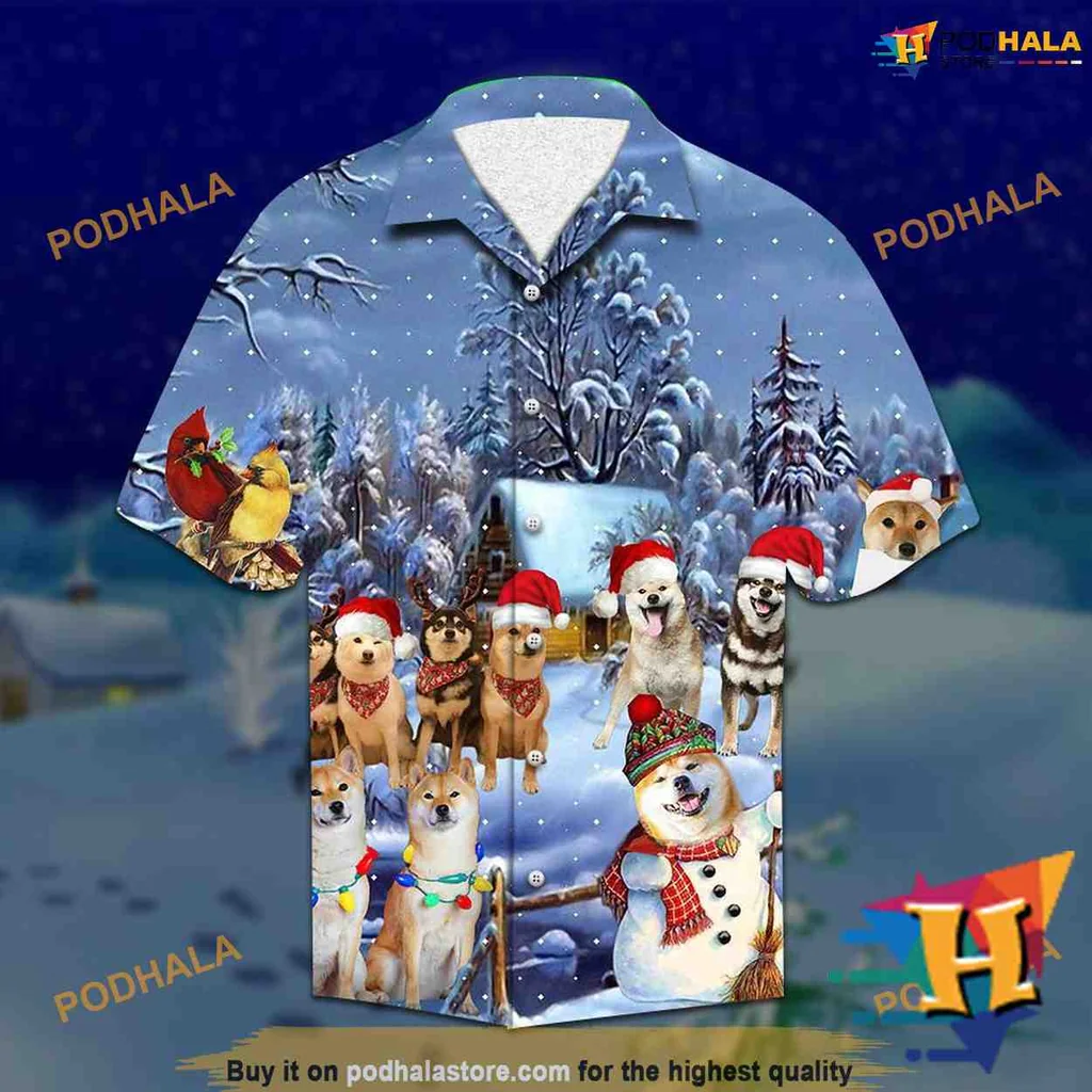 Shiba Inu Christmas Hawaiian Shirt With Festive Santa Hats