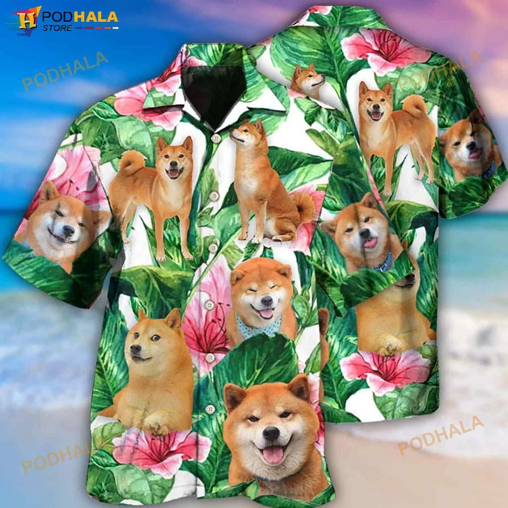 Shiba Inu Tropical Hawaiian Shirt With Vibrant Leaves And Pink Flowers