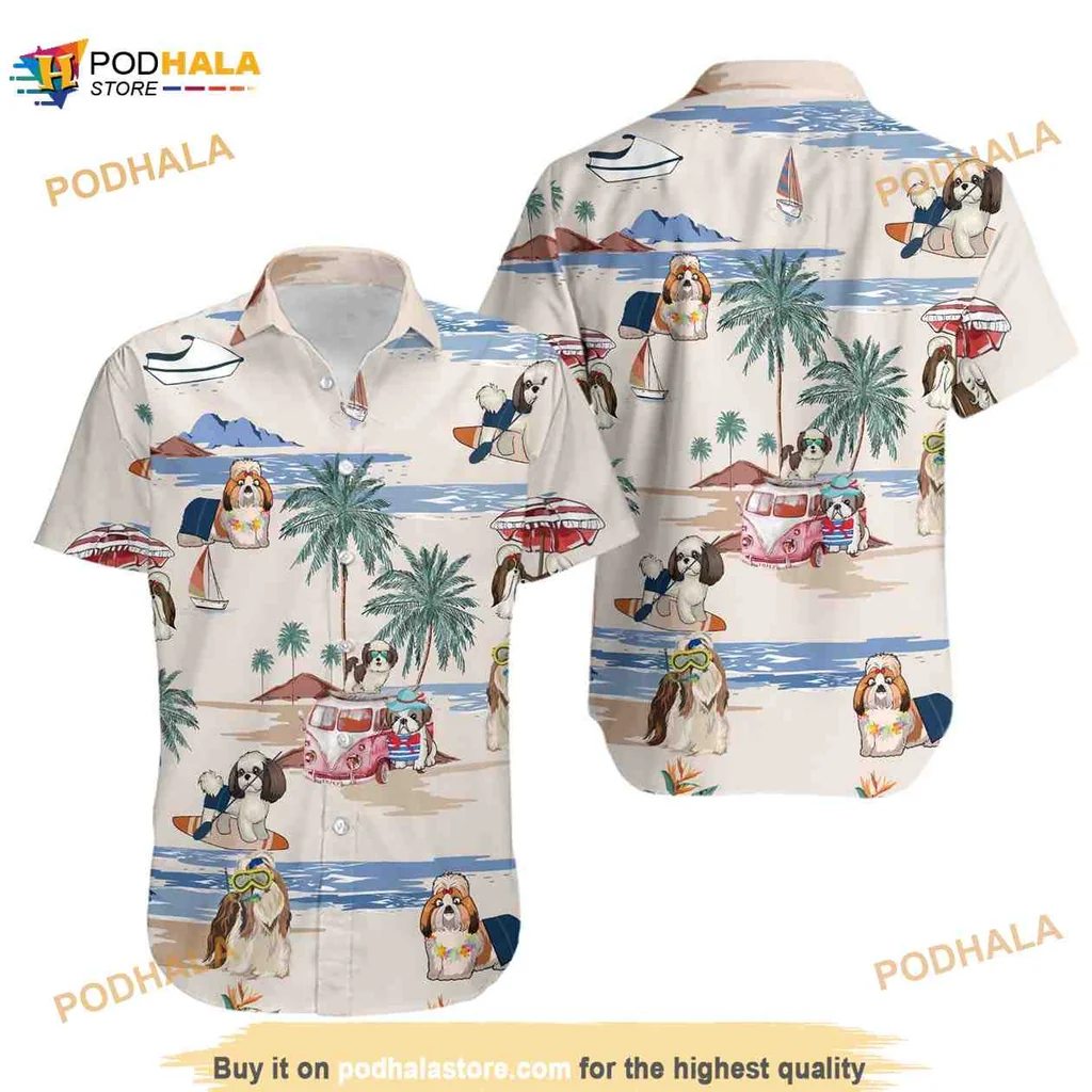 Shih Tzu Beach Hawaiian Shirt With Playful Dogs And Tropical Vibes