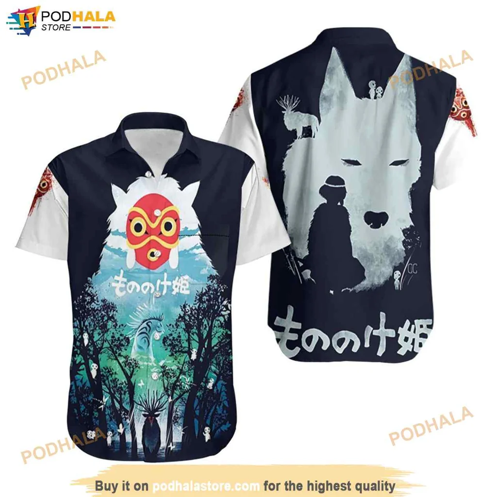 Shishigami Deer God Hawaiian Shirt, Mystical Forest Design With Wolf Silhouette