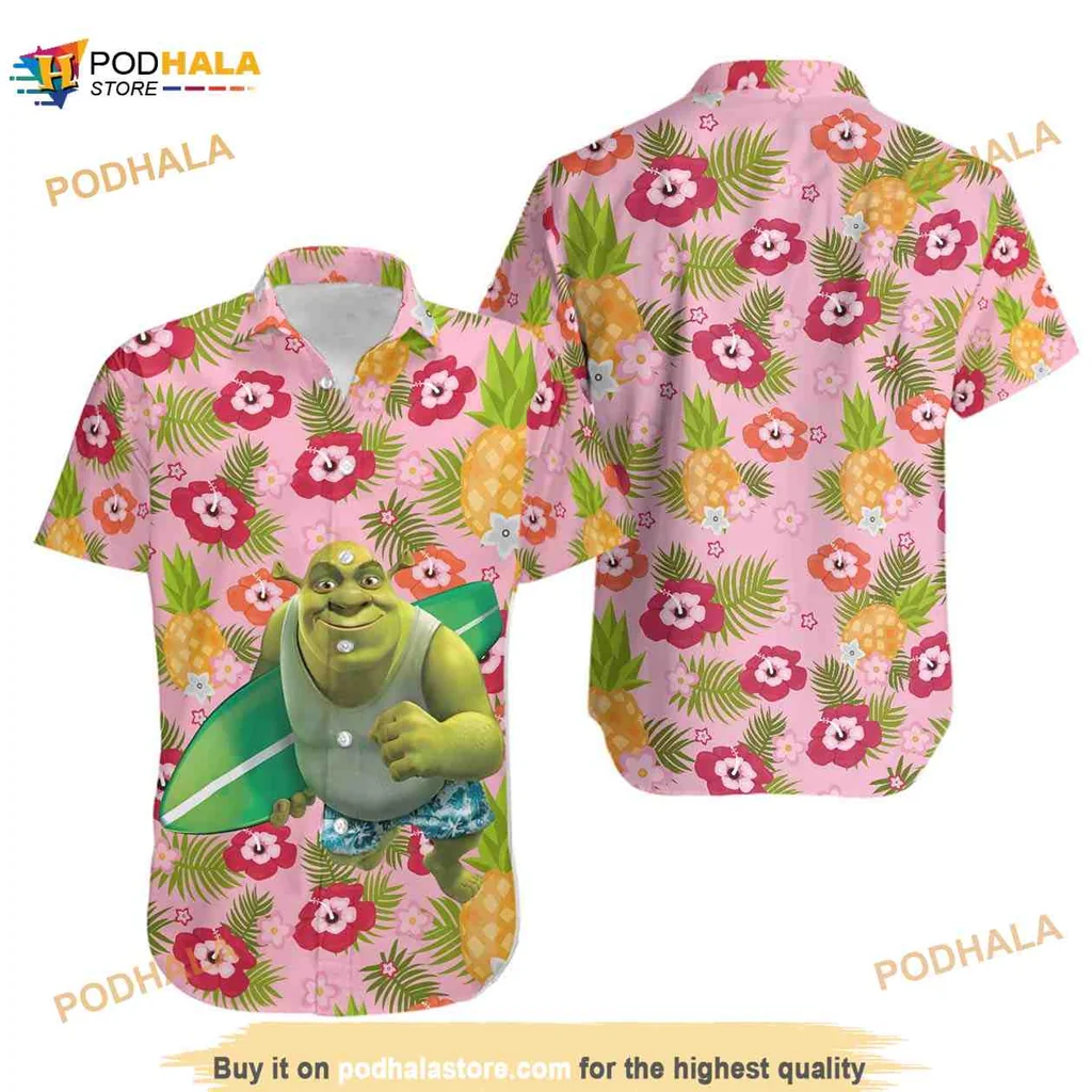 Shrek Tropical Aloha Shirt With Colorful Floral Patterns And Surfboard