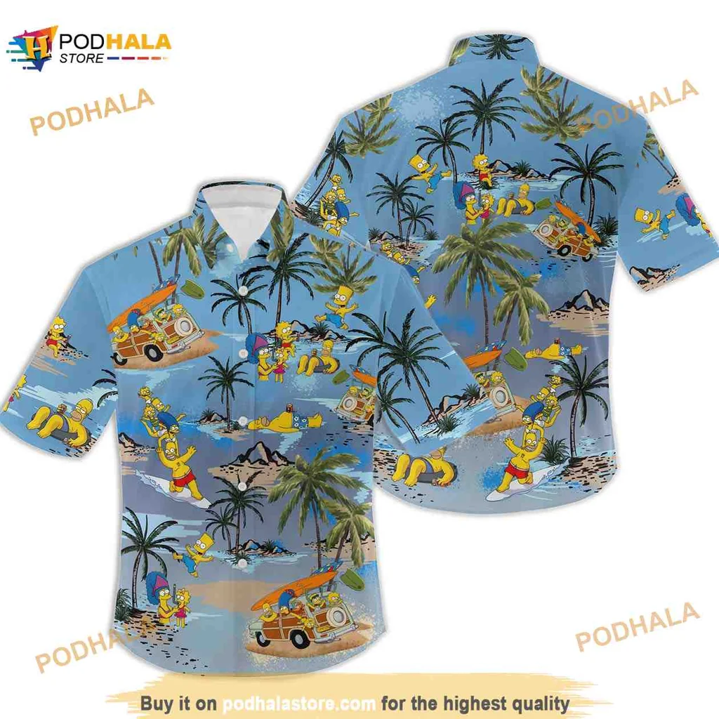 Simpsons Family Beach Hawaiian Shirt Featuring Homer, Marge, Bart, Lisa, And Maggie