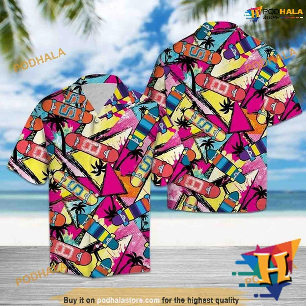 Skateboard Tropical Pattern Hawaiian Shirt With Colorful Design