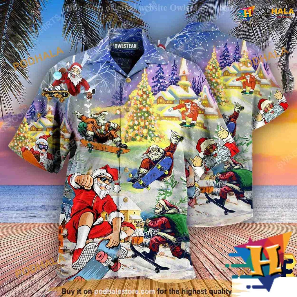Skateboarding Santa Claus Hawaiian Shirt With Tropical Christmas Design
