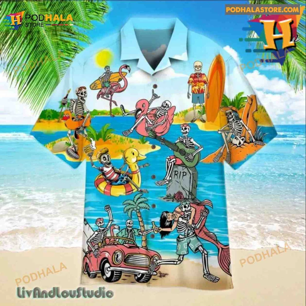 Skeleton Beach Aloha Shirt With Fun Surfing And Musical Skeletons