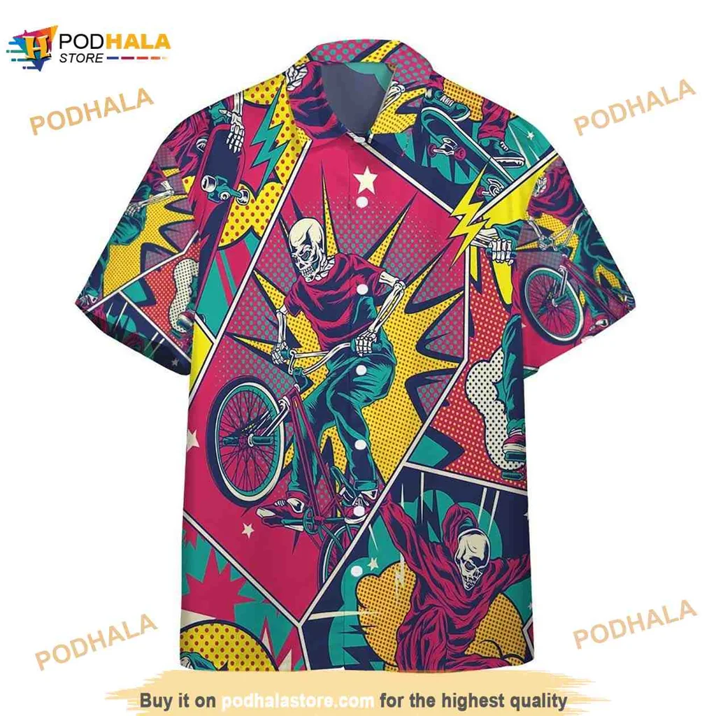 Skeleton Bicycle Hawaiian Shirt With Colorful Comic Book Design