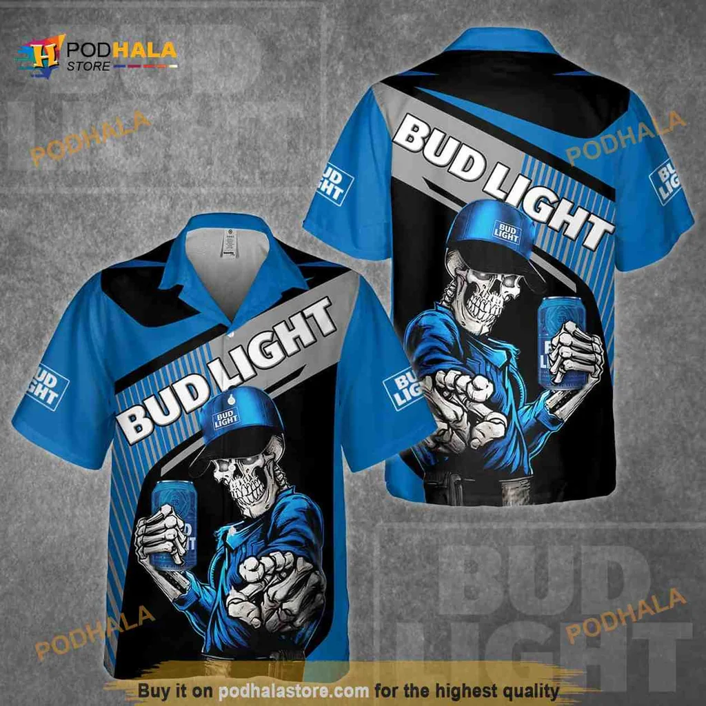 Skeleton Bud Light Hawaiian Shirt With Cartoon Design