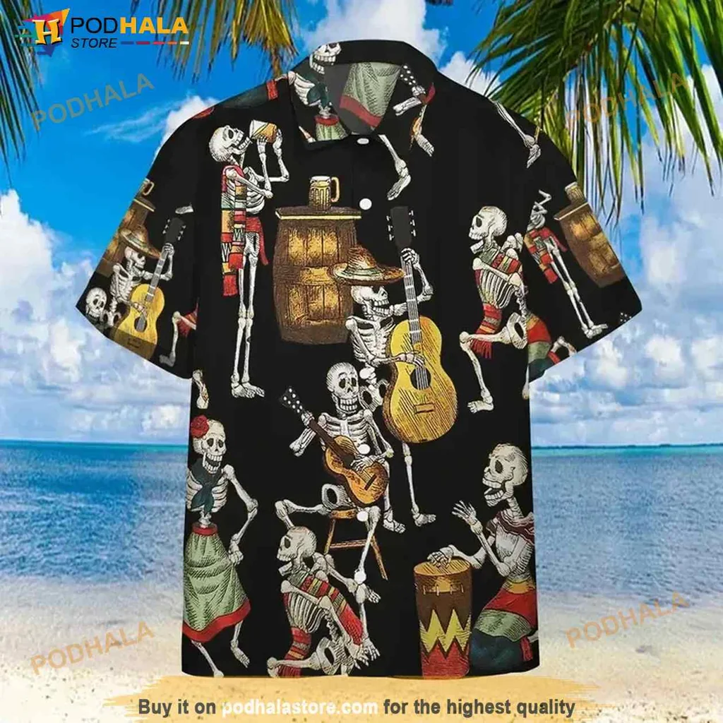 Skeleton Dancing Hawaiian Shirt With Colorful Cartoon Skeletons