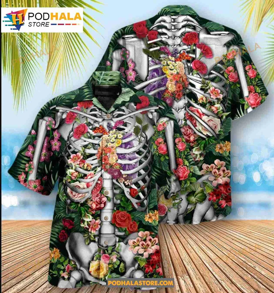 Skeleton Floral Hawaiian Shirt With Colorful Flowers And Foliage Design