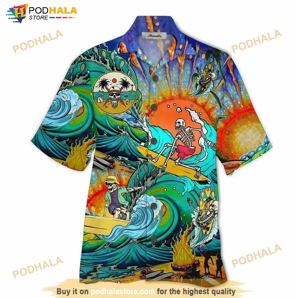 Skeleton Surfing Hawaiian Shirt With Colorful Tropical Design