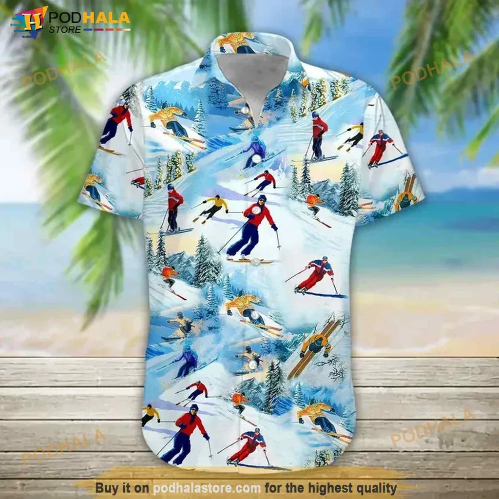 Skiing Lover Hawaiian Shirt With Vibrant Skiing Design And Snowy Mountains