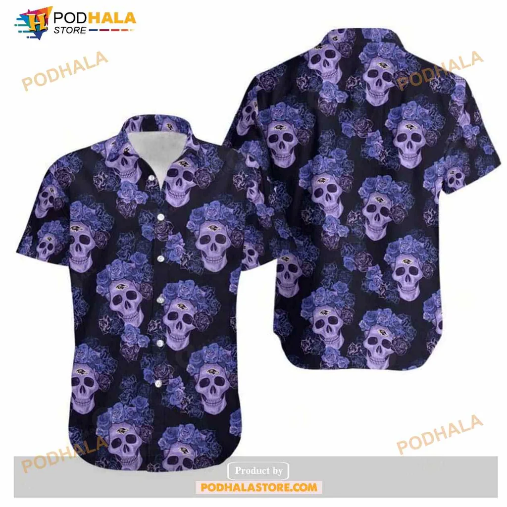 Skull And Flower Hawaiian Shirt Featuring Vibrant Purple Roses