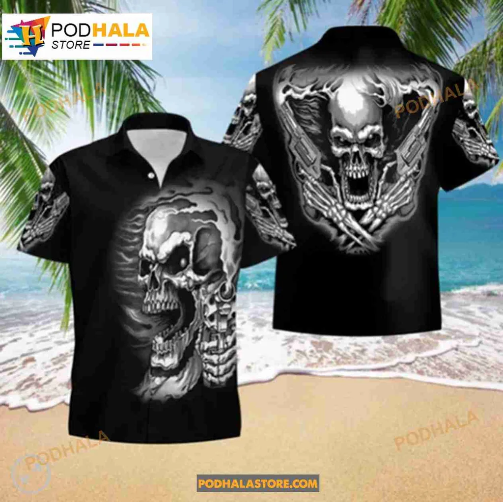 Skull And Guns Hawaiian Shirt For Edgy Summer Parties