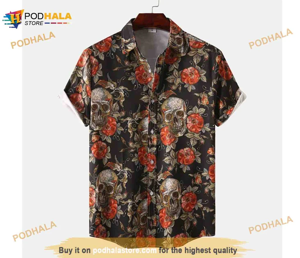 Skull Floral Aloha Shirt With Vibrant Flowers For Halloween
