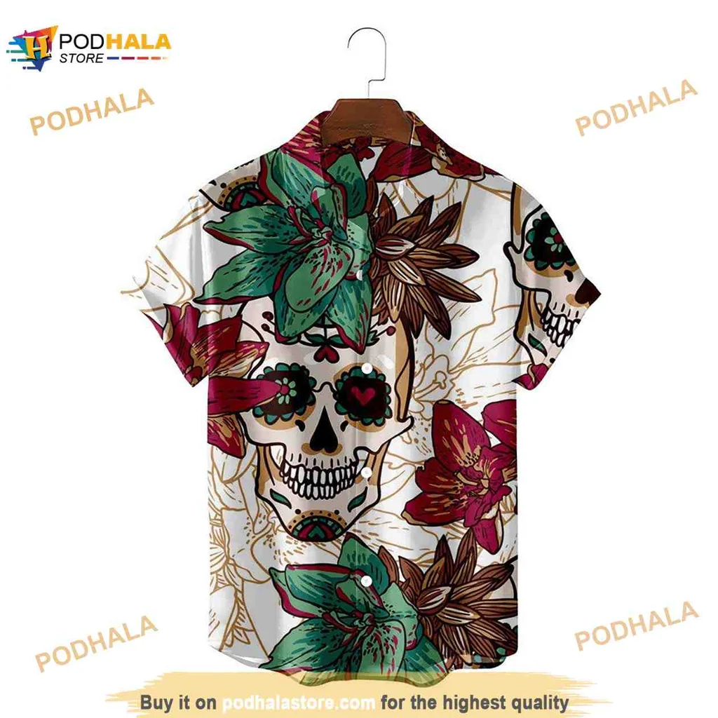 Skull Floral Hawaiian Shirt With Tropical Motifs And Bold Colors