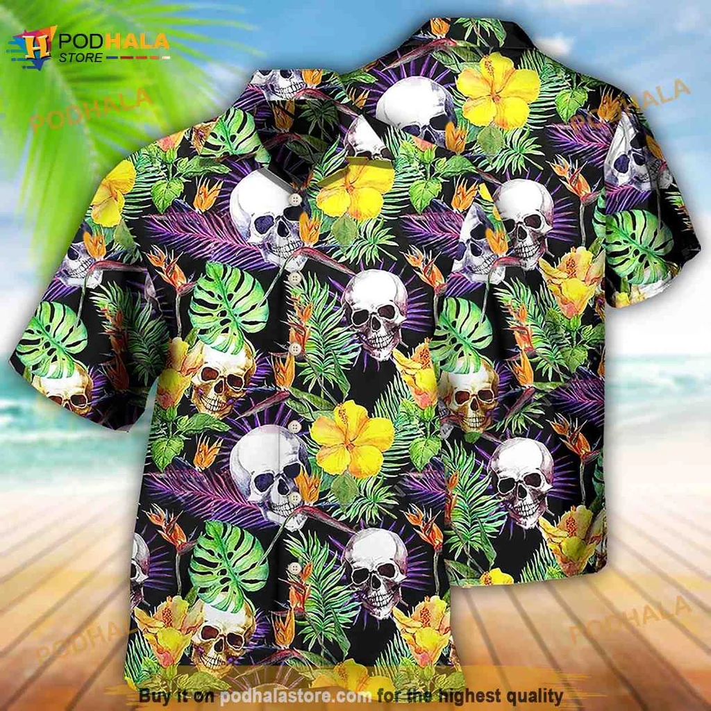 Skull Flower Hawaiian Shirt, Vibrant Tropical Aloha Shirt For Unique Style