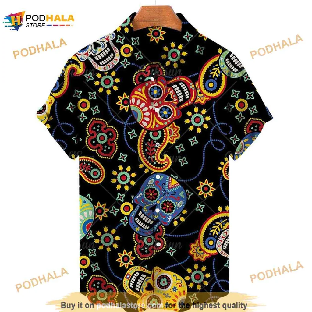 Skull Flower Hawaiian Shirt With Colorful Floral Design
