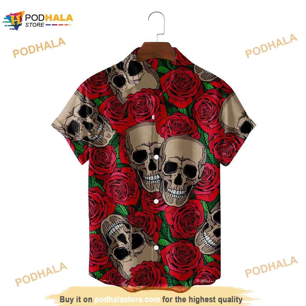 Skull Flower Hawaiian Shirt With Vibrant Red Roses And Edgy Design
